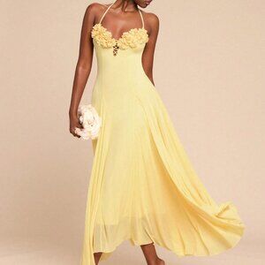 Pale Yellow Floral Embellished A-Line Women's Maxi Dress